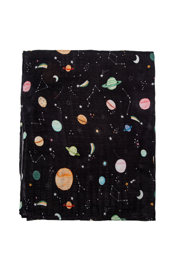 Loulou Lollipop Muslin Swaddle (various patterns) - Black muslin swaddle cloth with colorful illustrated planets and stars pattern.