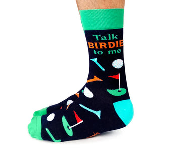 Men's Talk Birdie to Me Socks - Navy blue socks with green cuff, heel, and toe, featuring golf-themed pattern and "Talk Birdie to me" text, unique handmade.