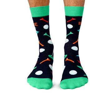 Men's Talk Birdie to Me Socks - Men’s handmade Canadian socks with golf tees and balls pattern, green cuff and toe, unique gift idea.