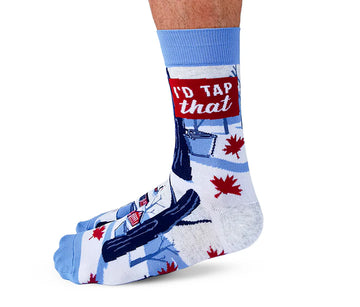 Men's Canadian Maple Socks - Men's handmade Canadian maple socks in blue, white, and red with maple leaf and canoe design, unique gift.