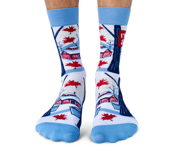 Men's Canadian Maple Socks - Men's handmade Canadian maple socks in blue and white with red maple leaf accents, unique gift idea.