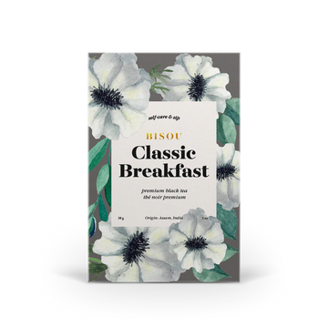 Classic Breakfast Tea - Bisou Bar Classic Breakfast Tea box with white flowers and green leaves, handmade Canadian gift.