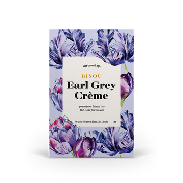 Earl Grey Crème Tea - Bisou Bar Earl Grey Crème tea box with purple floral design, unique handmade Canadian gift.