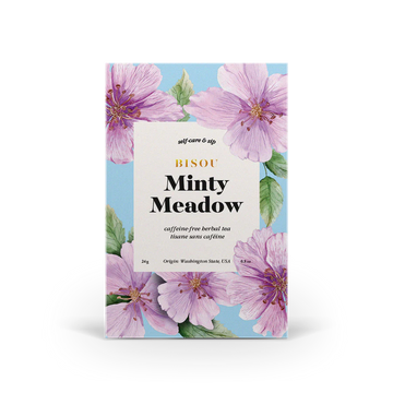 Minty Meadow Tea - Minty Meadow tea box with purple floral design, unique handmade Canadian gift packaging.