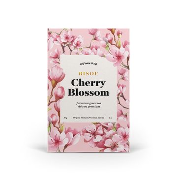 Cherry Blossom Tea - Pink cherry blossom floral packaging with cream label for unique handmade Canadian Cherry Blossom tea gift.