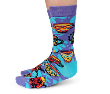 Women's Tea Time Socks - Colorful handmade Canadian socks featuring unique tea cup designs in blue and purple, ideal gift option.