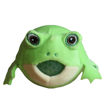 Squishi Pals Animals - Plush bright green frog toy with large embroidered eyes and soft textured mouth opening.