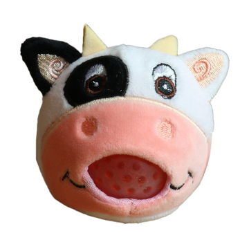 Squishi Pals Animals - Plush cow face with white and black fur, pink snout, embroidered eyes, and soft fabric texture.