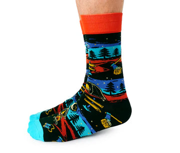 Men's Trailblazer Socks - Men's black crew socks with orange cuff, blue toe, and colorful Canadian wilderness camping design, unique handmade gift.