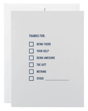 Thanks Checklist Card - White handmade Canadian thank you card with checklist design in blue text and matching envelope.