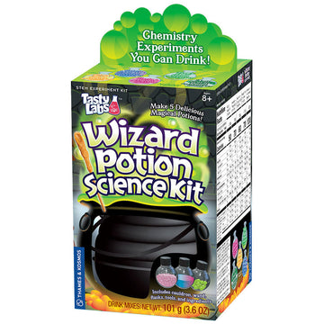 Tasty Labs: Wizard Potion Science Kit - Wizard Potion Science Kit with black cauldron and colorful potion bottles, unique handmade Canadian gift.