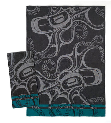 Printed Tea Towel - Octopus (Nuu) - Black and gray octopus print tea towel with teal border, handmade Canadian gift with Indigenous art style.