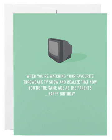 Same Age as the Parents Card - Handmade Canadian birthday card with retro TV and cheeky message, unique gift design.