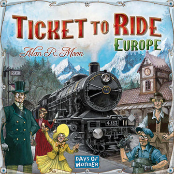 Ticket to Ride - Europe - Ticket to Ride Europe board game cover with vintage steam train and detailed European town illustration, unique Canadian.