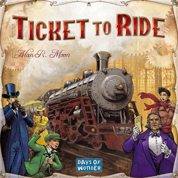 Ticket to Ride - Ticket to Ride board game cover with vintage steam train and diverse characters, unique Canadian gift.
