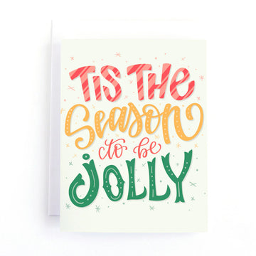 Tis the Season to Be Jolly Christmas Card - Christmas card with colorful "Tis the Season to Be Jolly" text, unique handmade Canadian design.
