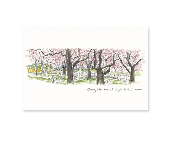 A white card with an illustration of cherry blossom trees at High Park. Underneath in script reads 