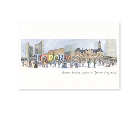 A white card with an illustration of people skating at Nathan Phillips Square. City Hall, the Toronto sign and Old City Hall are depicted in the background