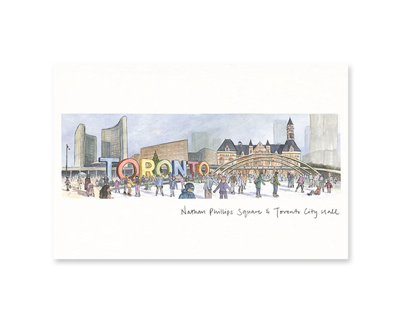 A white card with an illustration of people skating at Nathan Phillips Square. City Hall, the Toronto sign and Old City Hall are depicted in the background