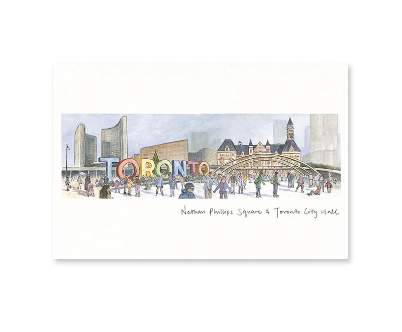 A white card with an illustration of people skating at Nathan Phillips Square. City Hall, the Toronto sign and Old City Hall are depicted in the background