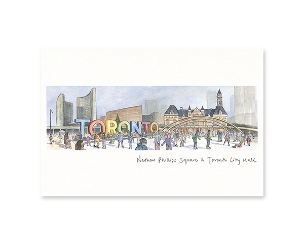 A white card with an illustration of people skating at Nathan Phillips Square. City Hall, the Toronto sign and Old City Hall are depicted in the background