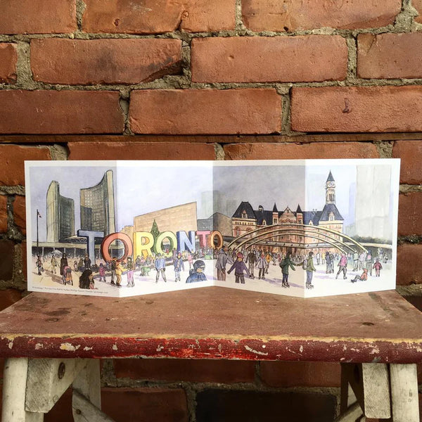 A four panel accordion card with people skating at Nathan Phillips Square. In the background there is the Toronto sign, City Hall and Old City Hall