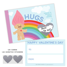 Troll Scratch Off Valentine's Cards - Handmade Canadian Valentine's card with colorful troll and rainbow, unique gift with scratch-off heart sticker.