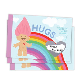 Troll Scratch Off Valentine's Cards - Handmade Canadian Valentine’s card with colorful rainbow, troll character, and scratch-off heart revealing “You’re the best” .