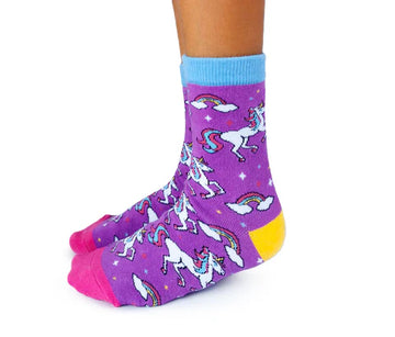 Kids Rainbows and Unicorns Socks - Purple kids socks with colorful unicorns, rainbows, and clouds, handmade Canadian gift.