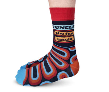 Men's Funcle Socks - Colorful men's socks with red cuff, blue toes, and a bold "Funcle the Fun Uncle" design, unique handmade Canadian gift.