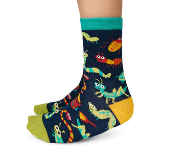 Kids Buggin' Out Socks - Navy handmade kids socks with colorful cartoon bugs, green toes, yellow heels, and teal cuffs, unique Canadian gift.