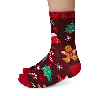 Kids Tinsel Toes Socks - Red kids socks with festive trees, gingerbread men, candy canes, and snowflakes, handmade Canadian gift.