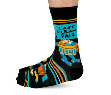 Men's Clean Socks Socks - Black crew socks with blue, orange, and yellow stripes and a cartoon washing machine graphic labeled "Last Clean Pair,".