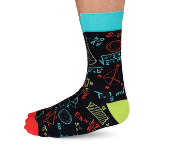 Men's Math Attack Socks - Black crew socks with colorful math formulas, red toes, green heel, and turquoise cuff, handmade Canadian gift.