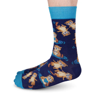 Men's Otterly Adorable Socks - Navy blue men's sock with turquoise cuff and toe, featuring a unique handmade Canadian otter pattern, perfect gift idea.