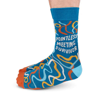 Men's Pointless Meeting Socks - Men's blue crew socks with orange and light blue abstract lines and "Pointless Meeting Survivor" text, unique handmade.