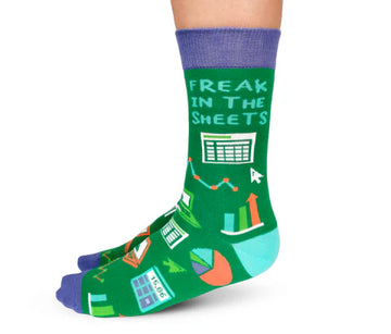 Women's Freak in the Sheets Socks - Green and purple handmade Canadian socks with "Freak in the Sheets" text and colorful financial chart graphics, unique gift.