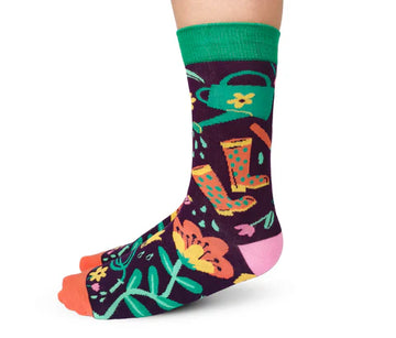 Women's Green Thumb Socks - Handmade Canadian green and orange gardening-themed socks with floral and boot patterns, unique gift idea.