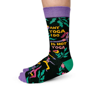Women's Hot Yoga Socks - Women's handmade Canadian Hot Yoga socks with purple toes and cuff, black base, and vibrant green, yellow, and pink.