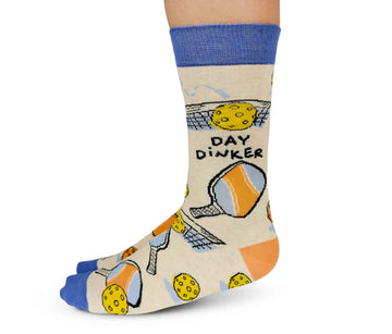 Women's Pickleball Socks - Handmade Canadian women's pickleball socks in beige with blue cuff and toe, featuring unique paddle and ball design, perfect .
