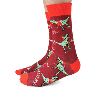 Men's Merry Rex-Mas Socks - Red and green Christmas socks with playful dinosaur design, handmade Canadian gift style.