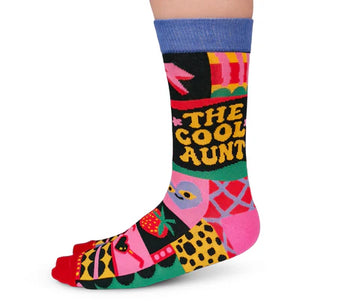 Women's Cool Aunt Socks - Colorful handmade Canadian socks with "The Cool Aunt" text, unique gift design.