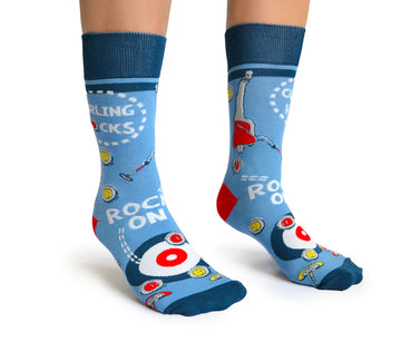 Men's Curling Rocks Socks - Blue men's curling socks with red and white curling stone patterns and "Rock On" text, unique handmade Canadian gift.