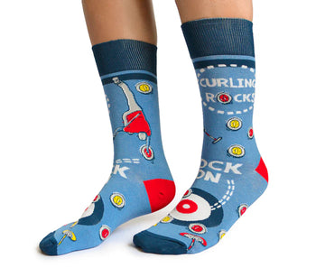 Men's Curling Rocks Socks - Blue and red men's curling rocks socks with Canadian maple leaf, handmade unique gift design.