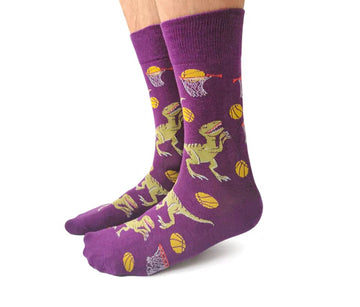 Men's Dino Basketball Socks - Purple men's basketball socks featuring handmade unique dinosaur and basketball design, Canadian gift idea.