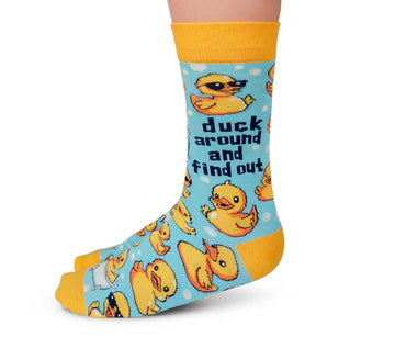 Women's Duck Around Socks - Light blue handmade Canadian socks with yellow ducks and "duck around and find out" text, unique gift option.