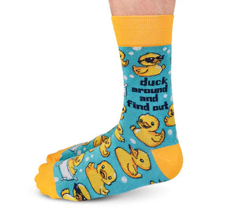 Men's Duck Around Socks - Men's handmade Canadian socks with yellow ducks, blue background, yellow cuff, unique gift design.