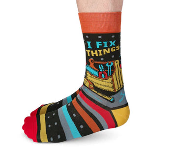 Men's Fix It Socks - Men's colorful striped socks with orange cuff and toolbox graphic, unique handmade Canadian gift.