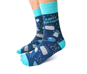 Men's Happy Birthday Socks - Men's blue Happy Birthday socks with cake and gift designs, unique handmade Canadian gift.