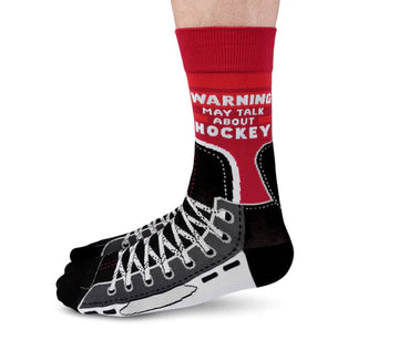 Men's Hockey Talk Socks - Men's red Canadian handmade socks with black and white hockey skate design, unique gift idea.